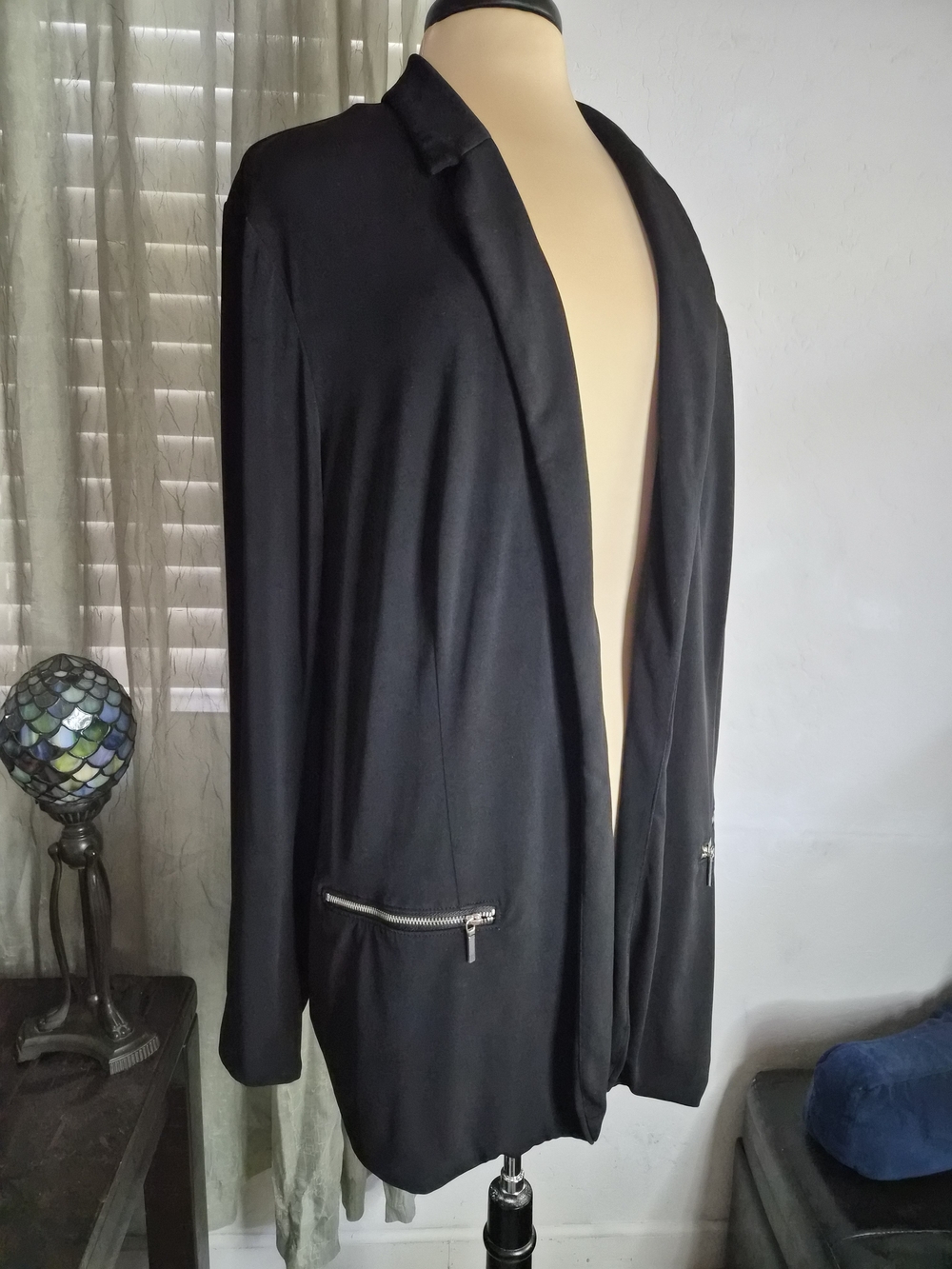 Vintage Lane Bryant Black Open Front Knit Blazer Zipper Pockets #0444